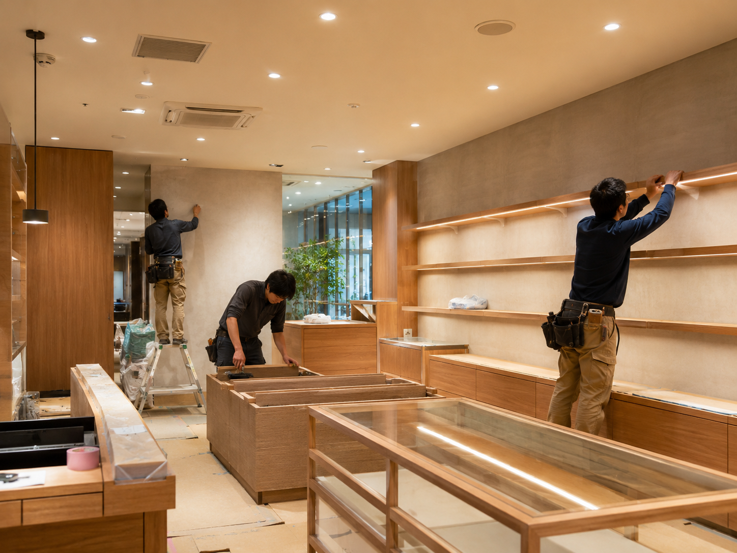 店舗内装工事で木製棚と什器を施工する職人チーム