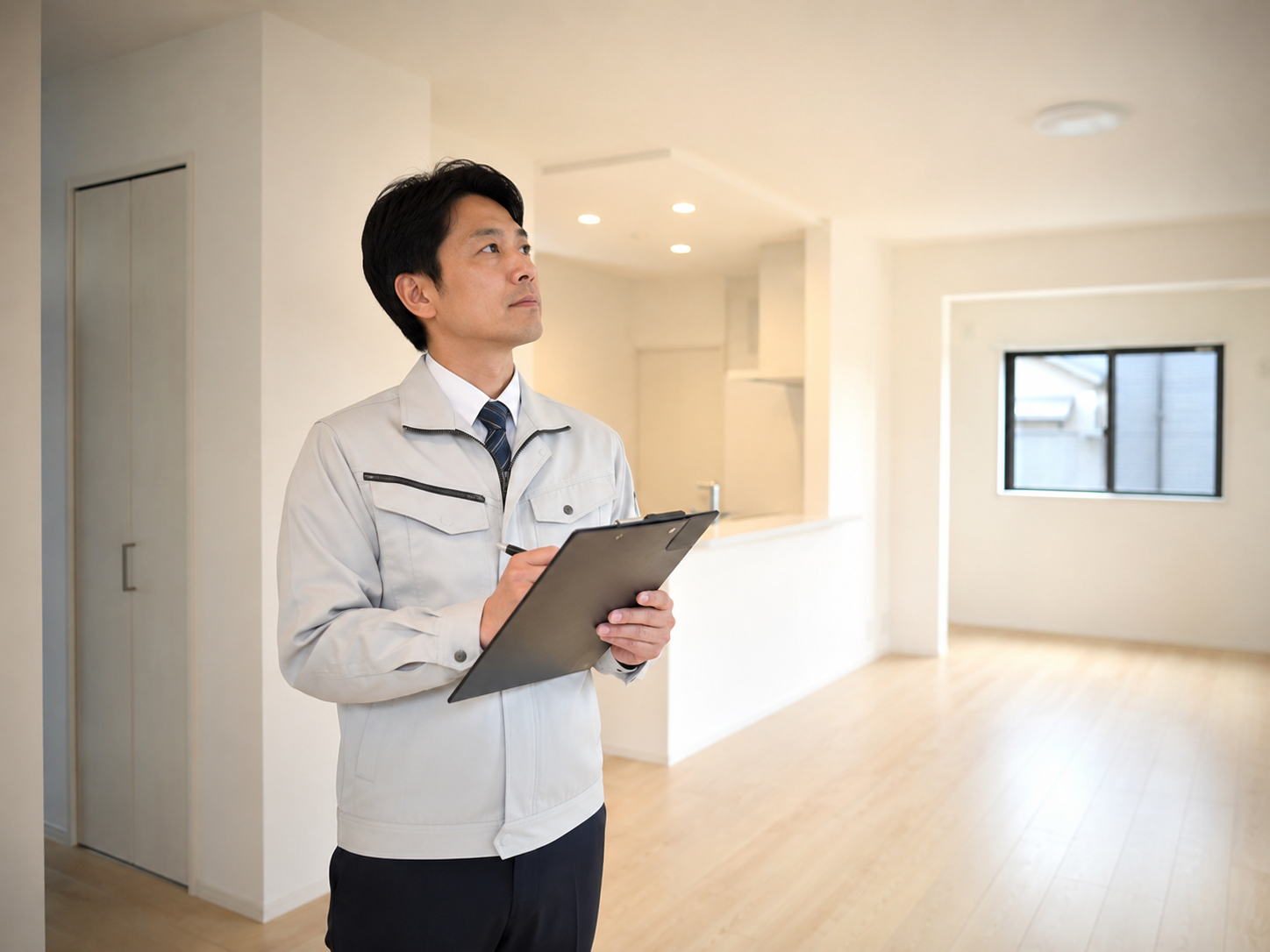 検査票を持ちながら空室を確認する不動産管理担当者