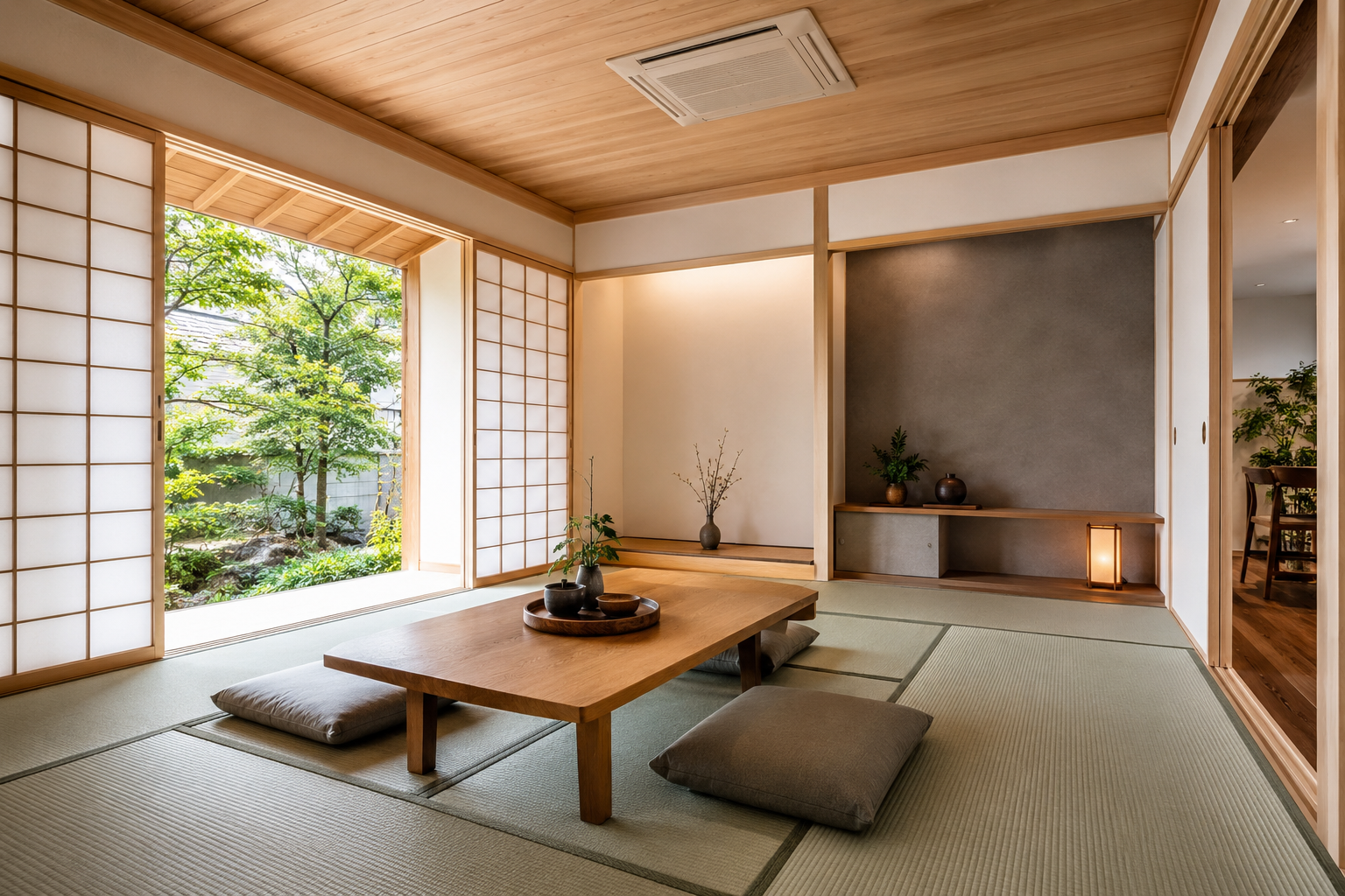 住宅の和室に整えられた畳とローテーブル。清潔な和の空間