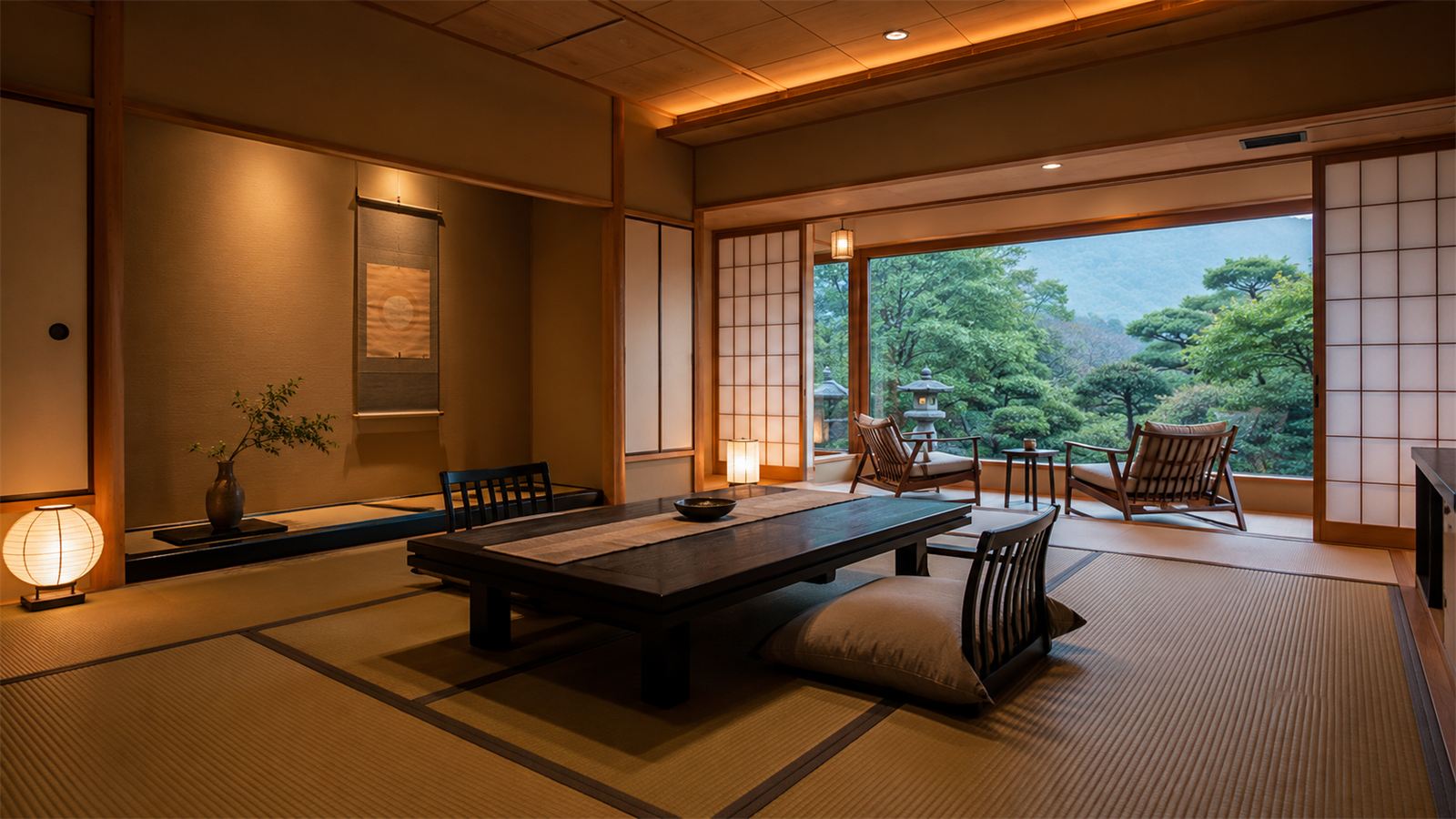 夕景と石灯籠を望む旅館の畳客室。格式ある和の空間