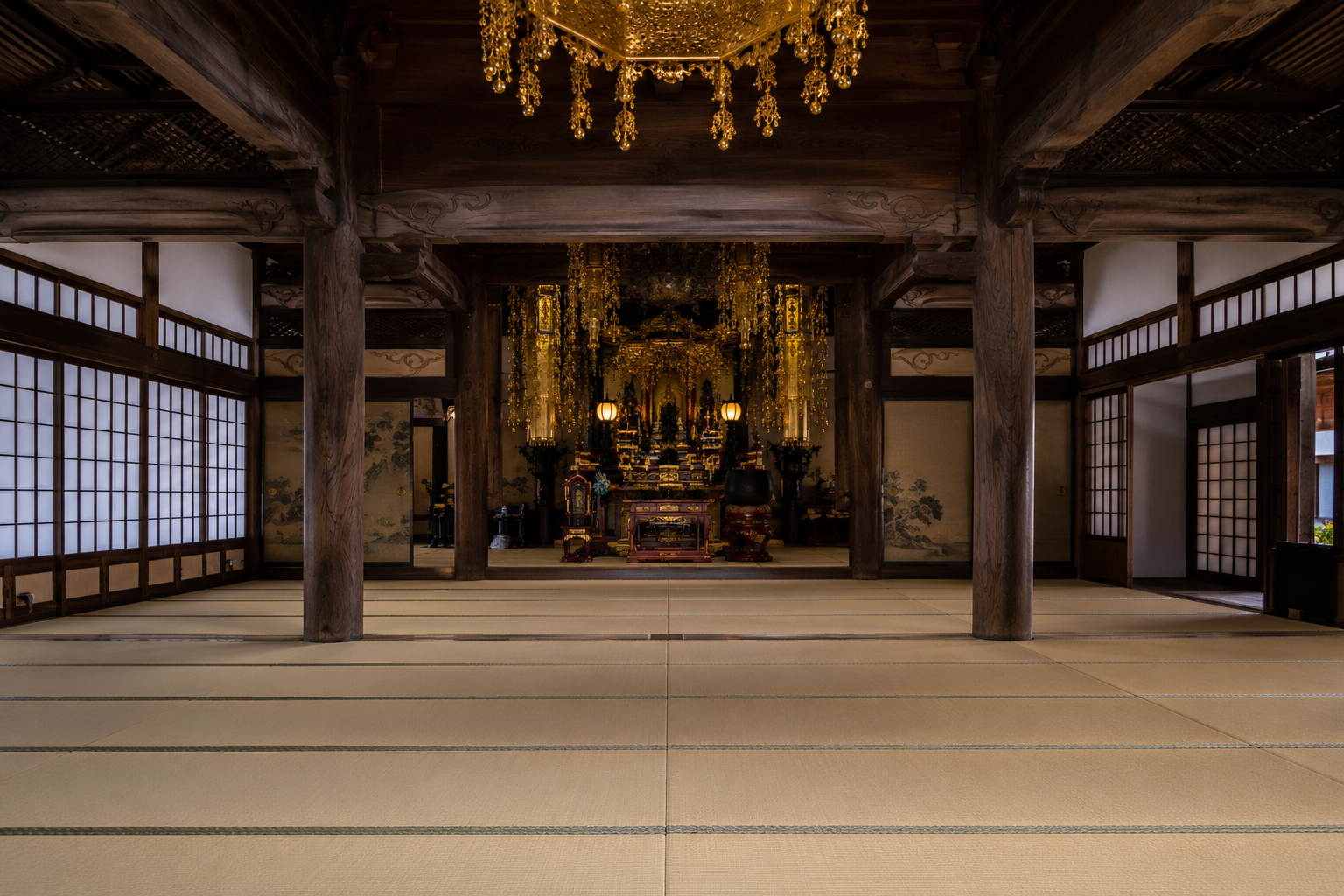 寺院の本堂。金色の仏像と新しく整備された畳の空間